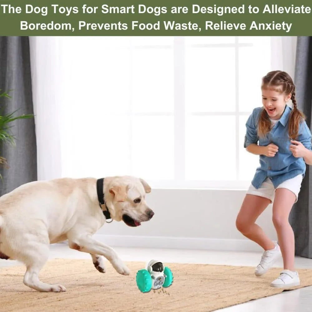 A robot-shaped, self-balancing dog and cat treat dispenser toy in various colours, shown with dry food.