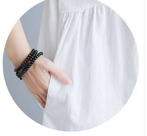 Literary loose plain cotton and linen stand collar short sleeves dress in black and white