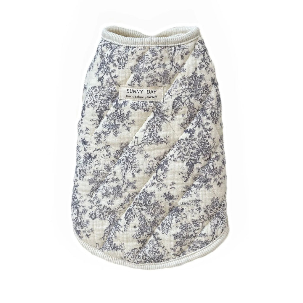 Cotton-padded pet jacket in Chinese ink style vest on a small dog indoors, size S