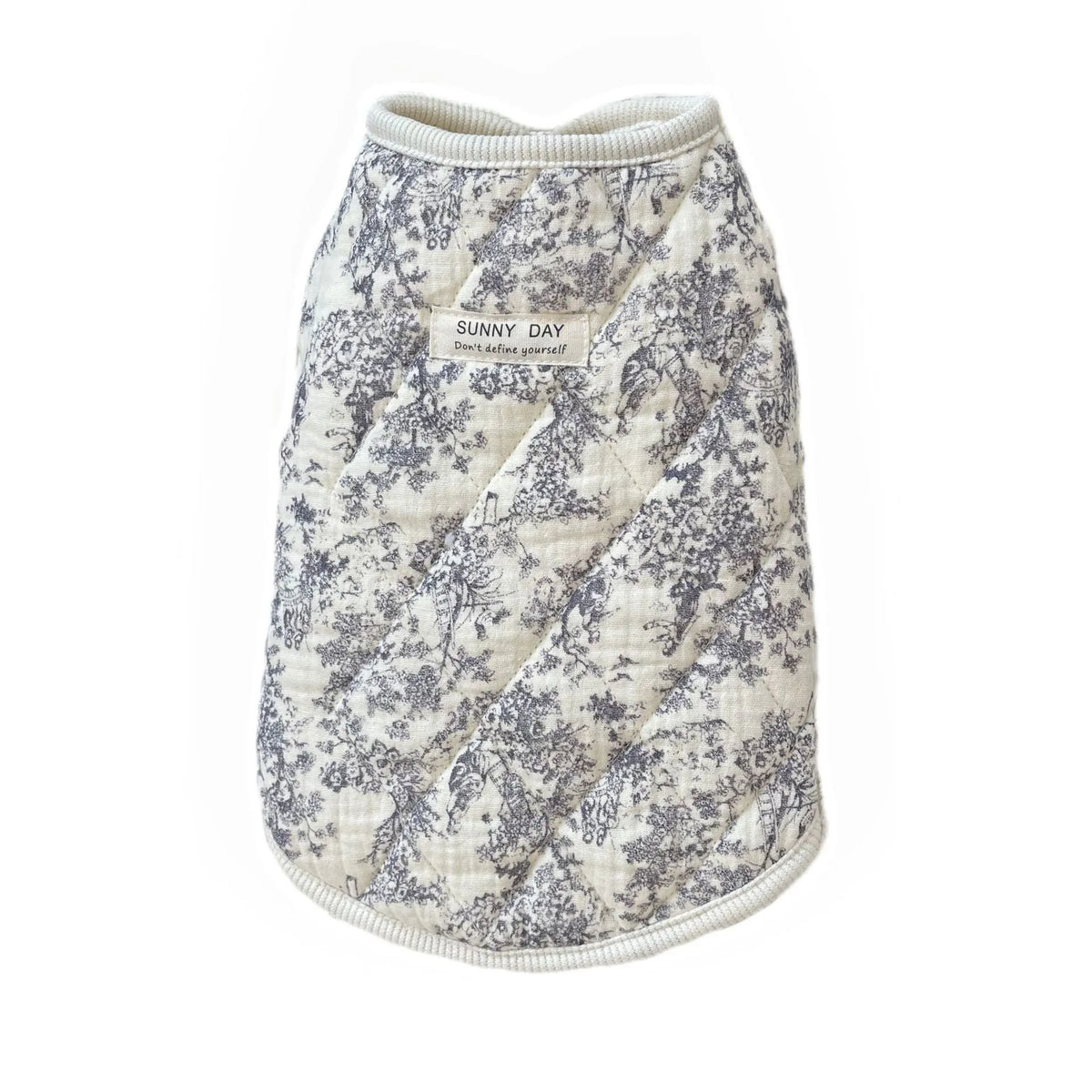 Cotton-padded pet jacket in Chinese ink style vest on a small dog indoors, size S