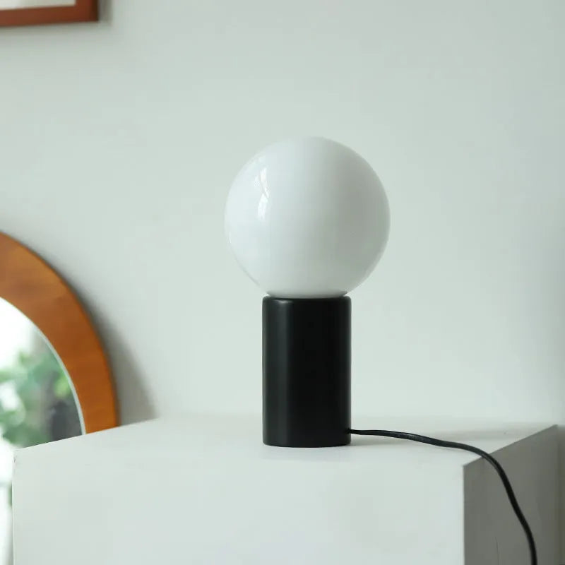 Retro solid wood glass table lamp with USB port and button switch, bamboo cylinder shade in white finish