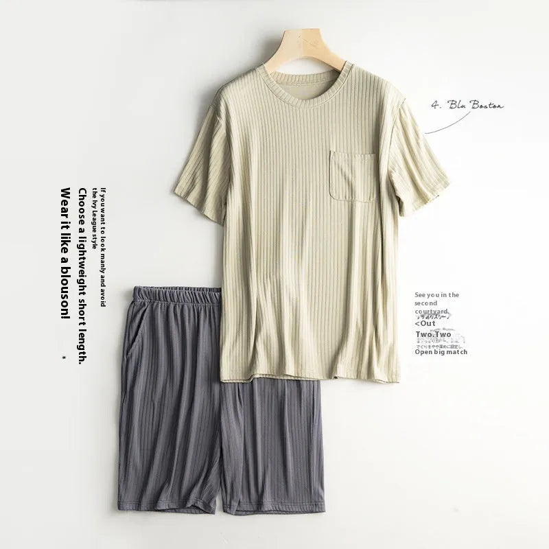 Men's thin summer T-shirt and shorts suit in oatmeal colour with deep gray shorts, polyester fabric, quarter sleeves, size L to XXXL