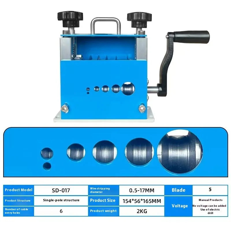 SD-017 manual wire stripping machine with 0.5-17mm diameter range and compact dimensions