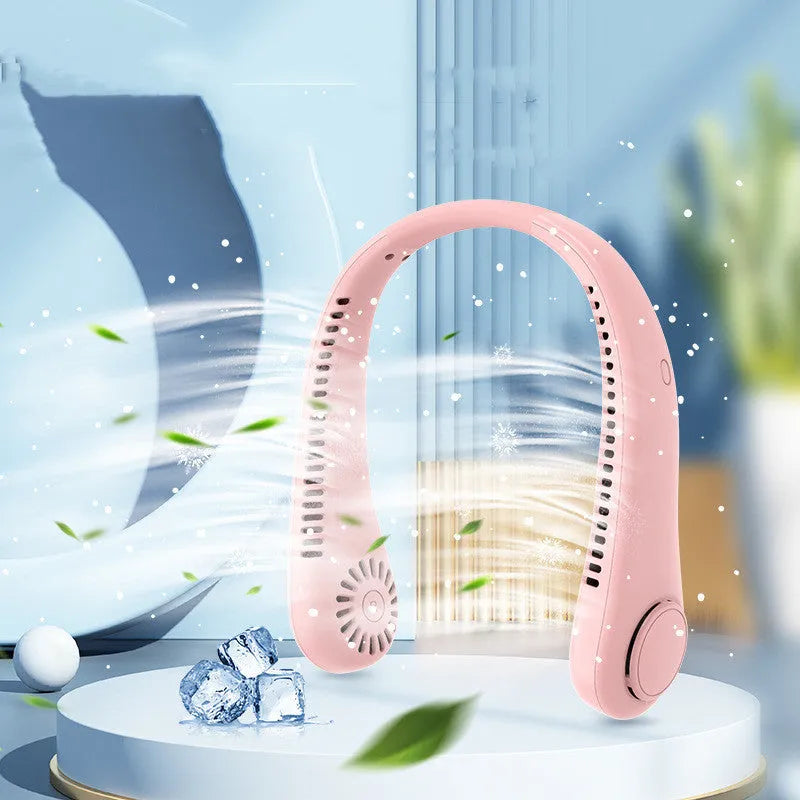 Rechargeable bladeless neck fan worn around neck showing decentralised air outlets