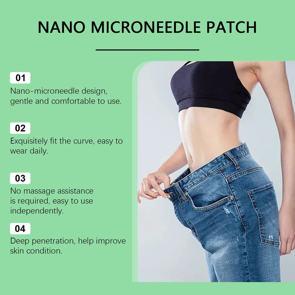 Pack of four slimming nano microneedle adhesive patches on skin.