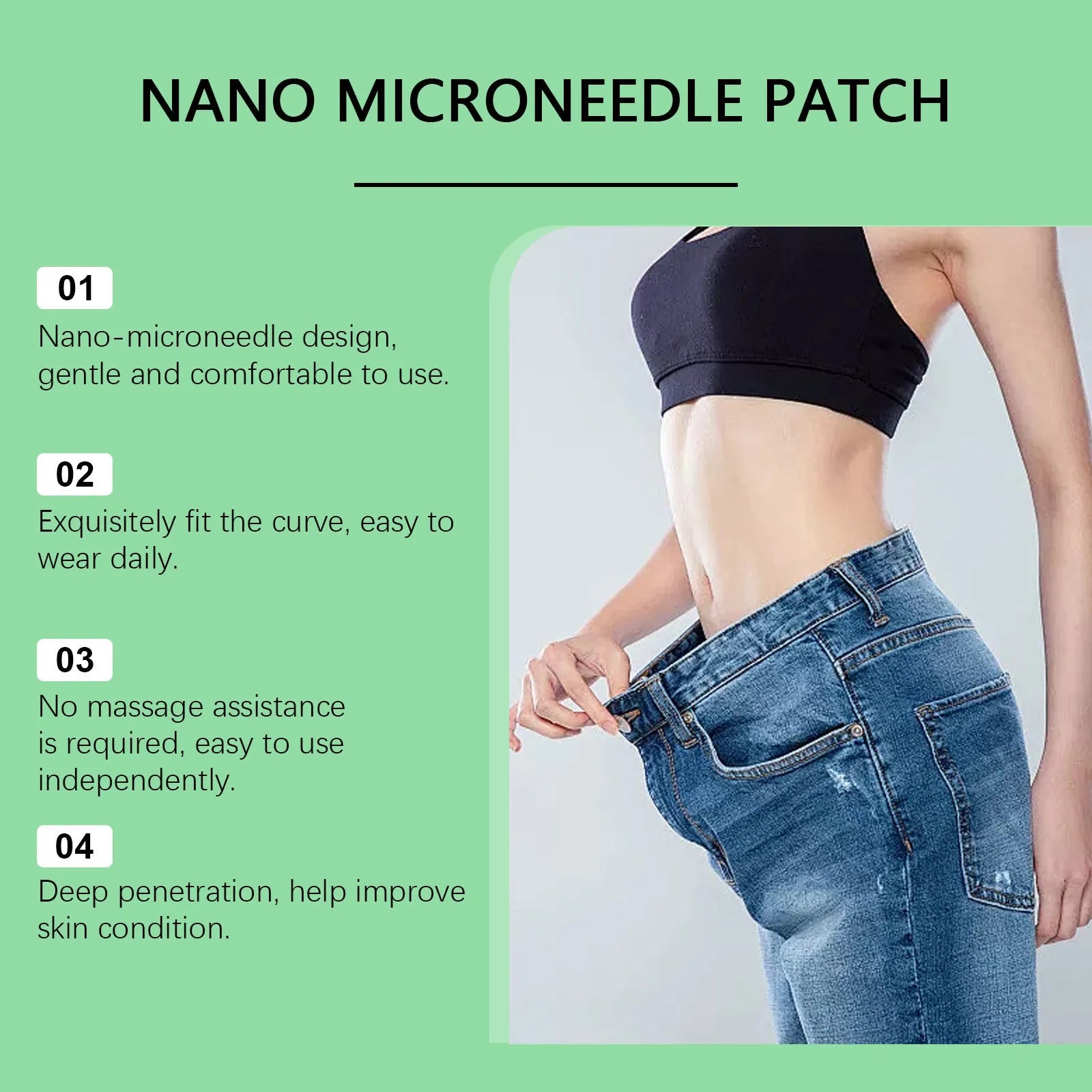 Pack of four slimming nano microneedle adhesive patches on skin.
