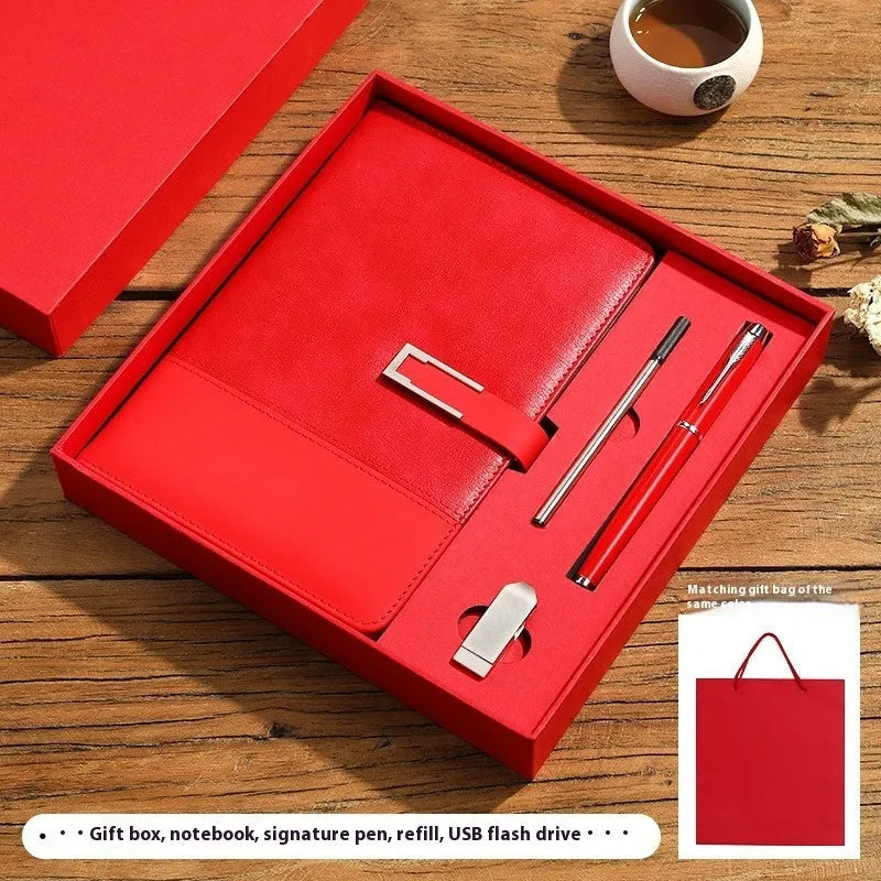 A5 soft PU leather business notebook in choice of five colours, shown with wood-free paper pages and optional gift box.