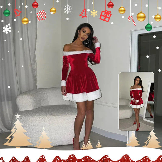 Women's festive Santa-themed dress with plush trim, off-the-shoulder design, and available in red colors