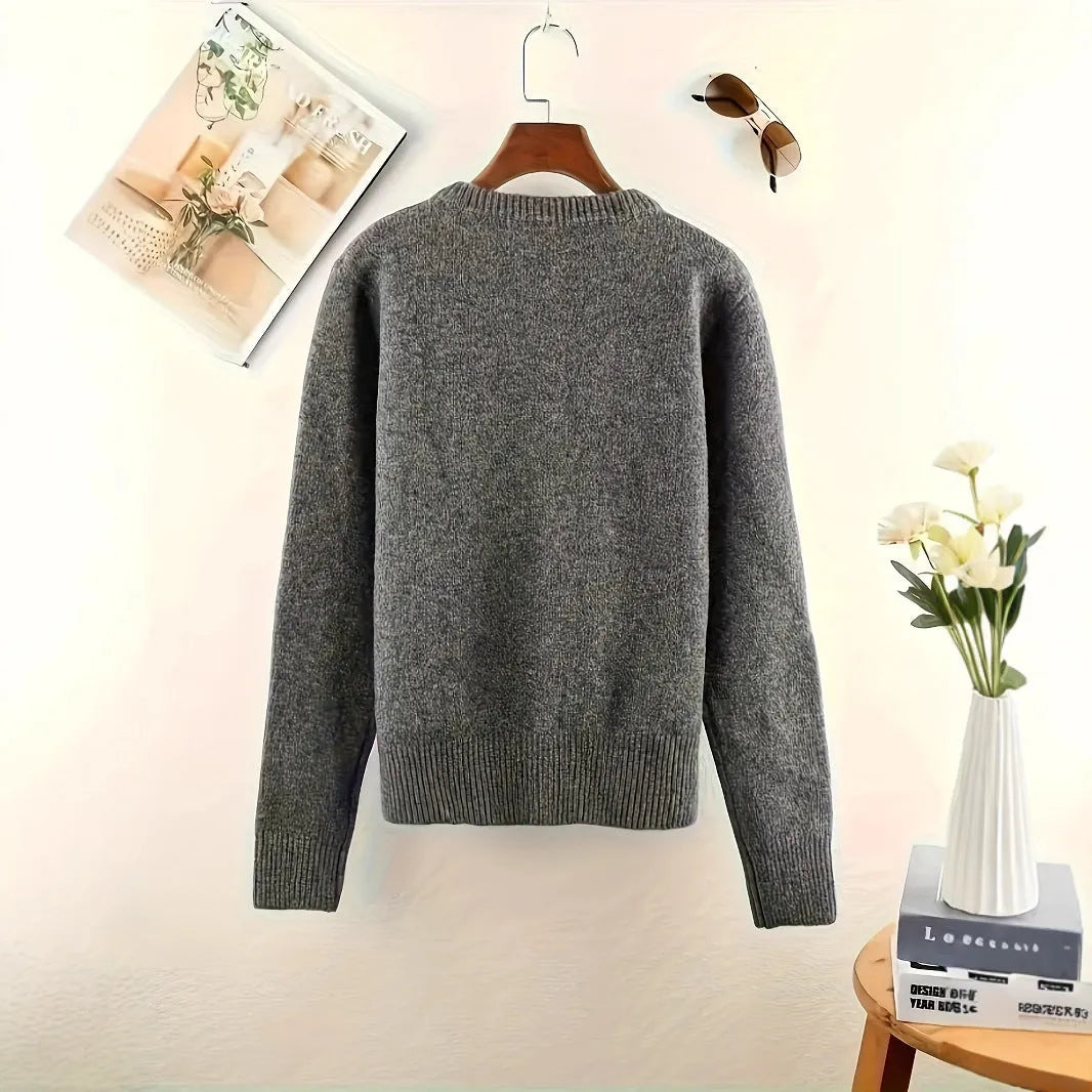 Dark grey women's polyester cardigan sweater with button front and long sleeves