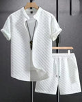 Jacquard short-sleeve shirt and matching shorts suit set in a solid colour.