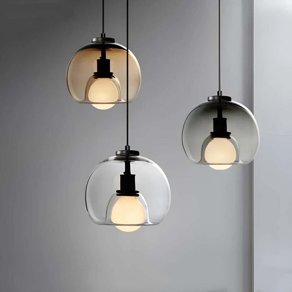 Modern minimalist glass chandelier with smoky gray shade, three-head platter design, 25x23cm dimensions, for dining room or bedroom