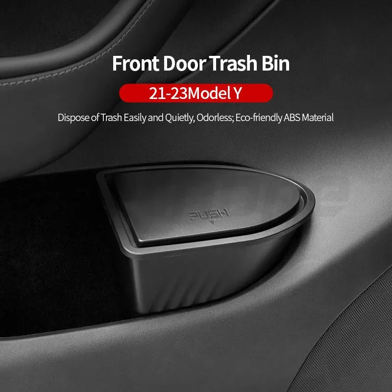 Two black ABS plastic car door trash cans for Tesla Model Y front door storage.