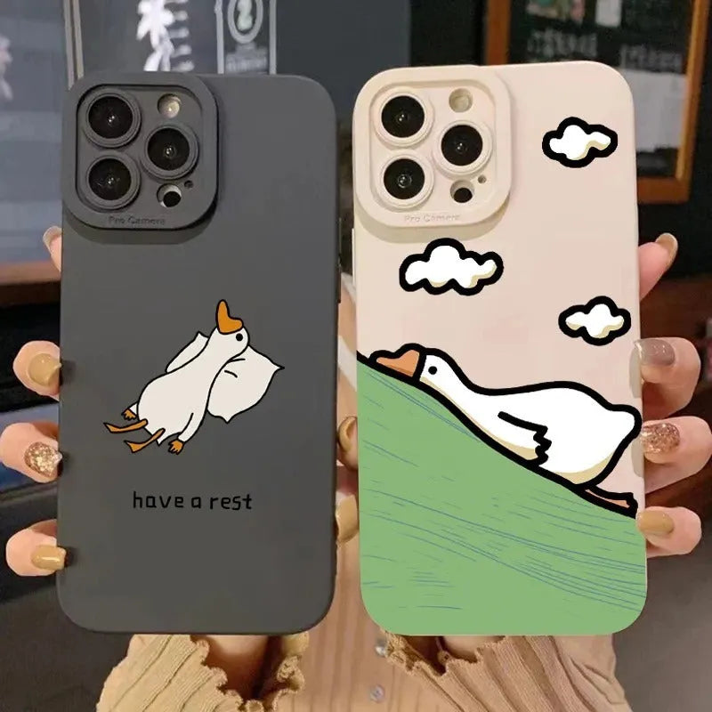 Creative cute cartoon duck silicone TPU phone case for Apple iPhone, black, white, blue, shockproof and anti-fingerprint