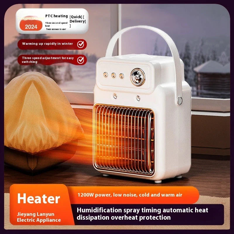 A modern, white electric heater and humidifier with a control panel and mist output