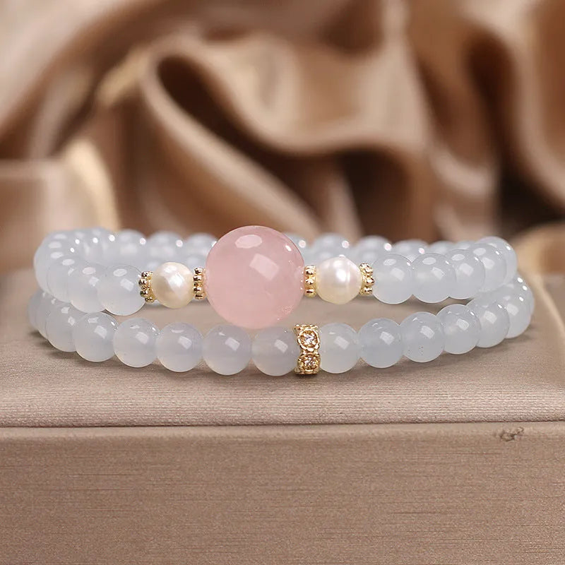 Natural aquamarine double ring bracelet, polished finish, light luxury minority style for women