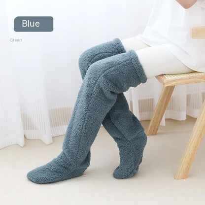 Cozy over-the-knee fuzzy socks in various colors, designed to keep your legs and knees warm during the winter season.