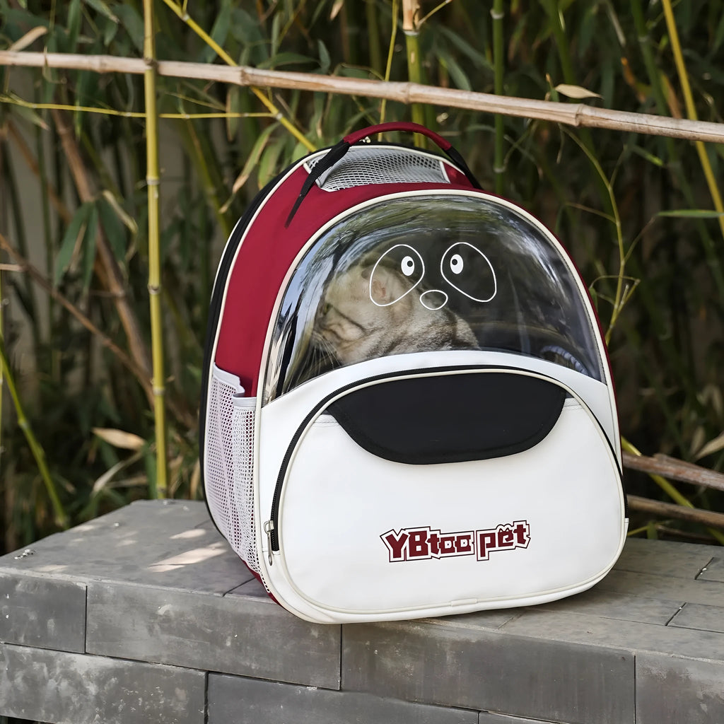 Portable pet backpack carrier in black Oxford cloth with large capacity for cats and dogs