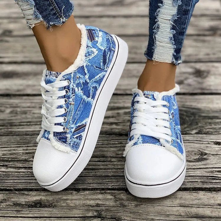 Plus size flat canvas shoes low top animal print Denim Blue side view