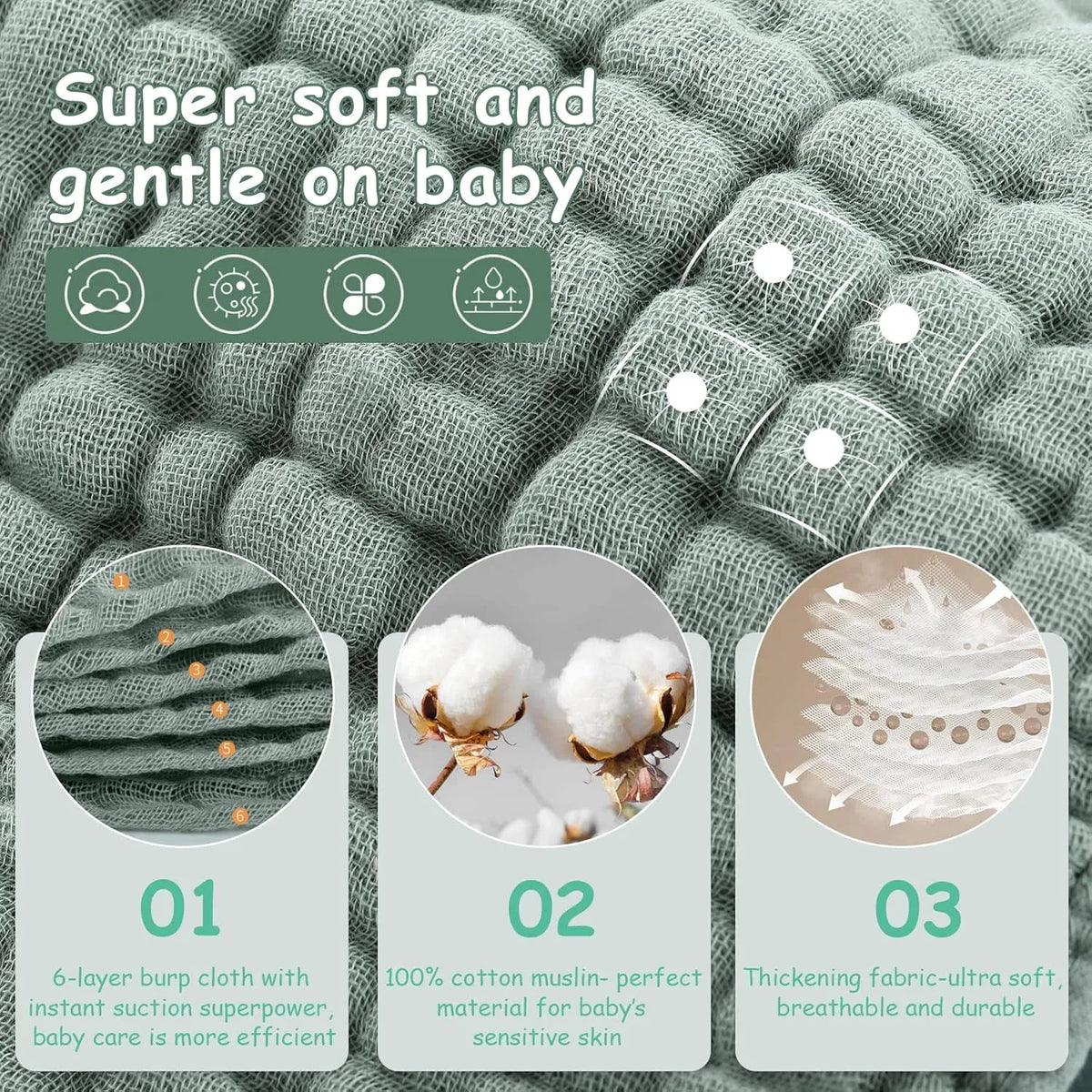 6-pack of large 25x50cm muslin burp cloths in assorted colours on light background