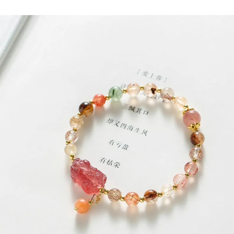 Strawberry quartz and copper bracelet with pearl accents in Chinese natural style for women
