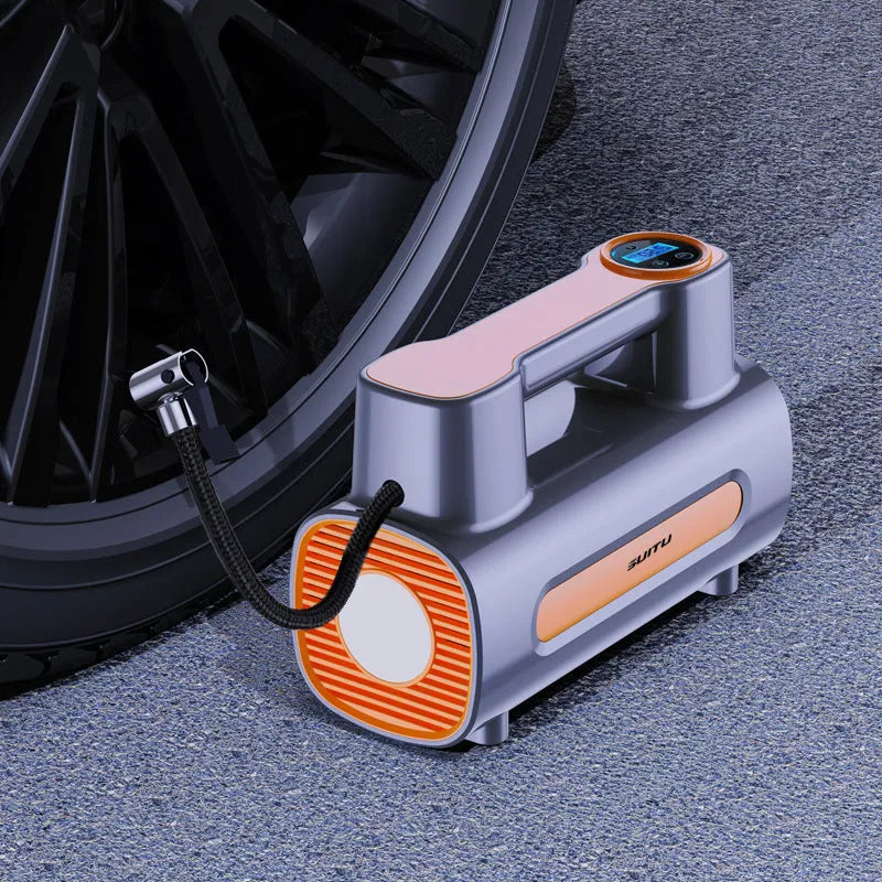 Portable 12V tyre inflator with digital display and rechargeable battery for car and bicycle tyres