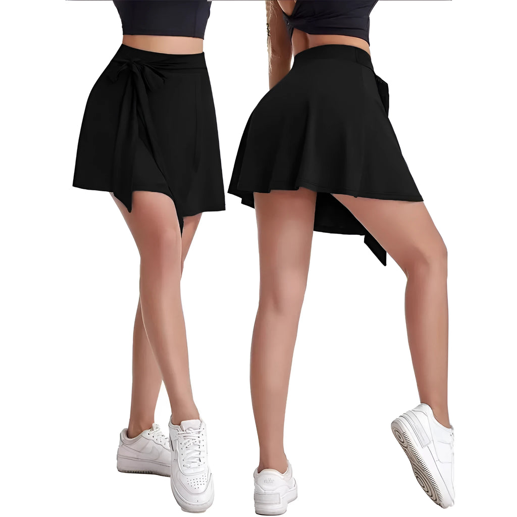 Black thigh-length sports skirt with high waist and attached anti-exposure shorts
