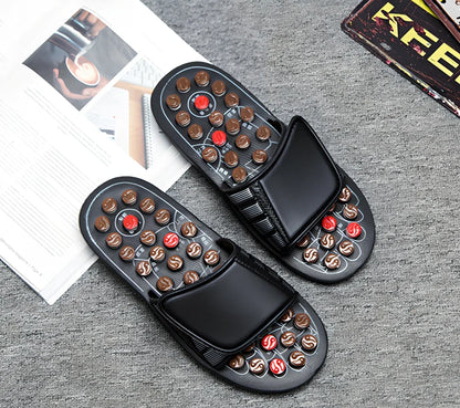 Black adjustable Velcro massage slippers with 2.5cm thick rubber sole for hiking, rotating bottom reduces foot irritation