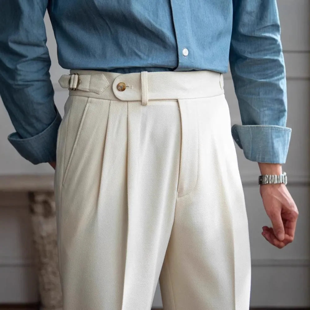Men's straight leg polyester business casual trousers in black, front view