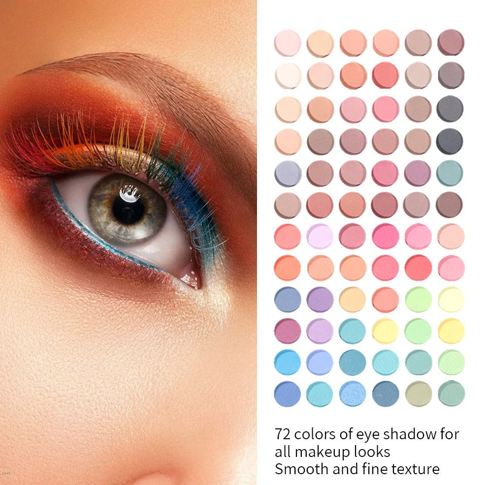 120 colour matte eyeshadow palette showing pink, purple, brown, and blue shades in organised case