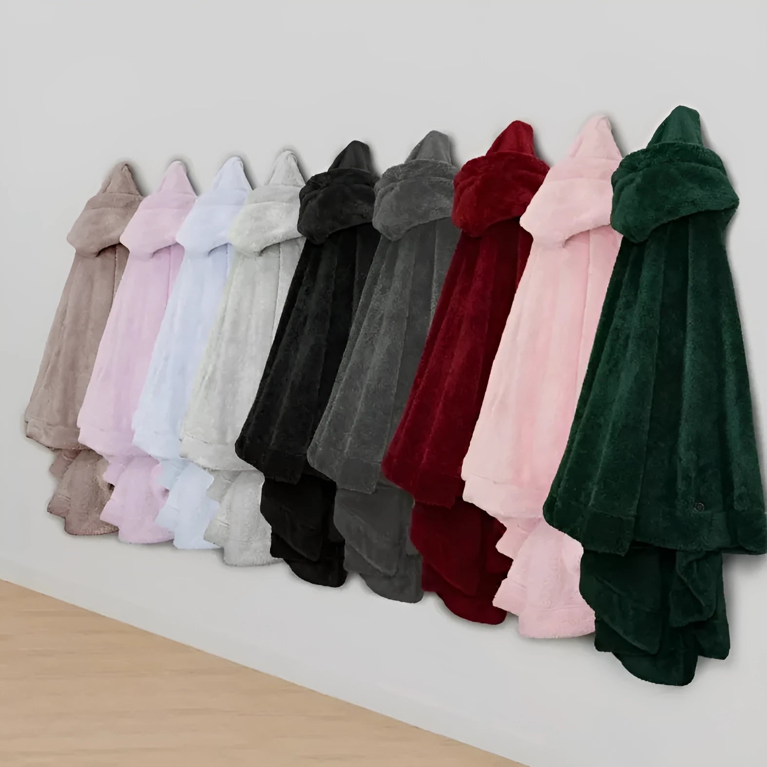 Thickened long sleeve hooded bathrobe in black, dark grey or pink polyester.