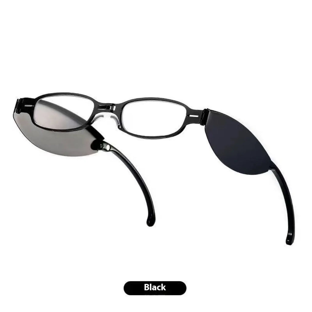 Black folding presbyopic glasses with retro frame and ring detailing, shown in open and closed positions