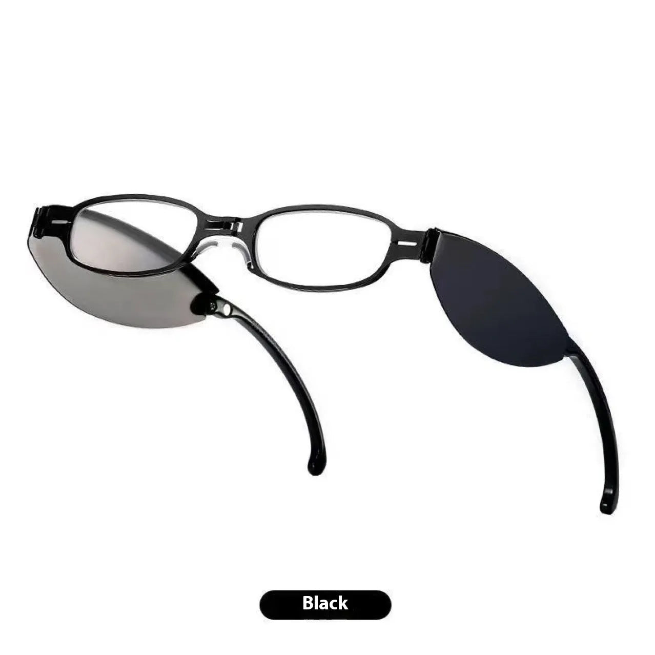 Black folding presbyopic glasses with retro frame and ring detailing, shown in open and closed positions