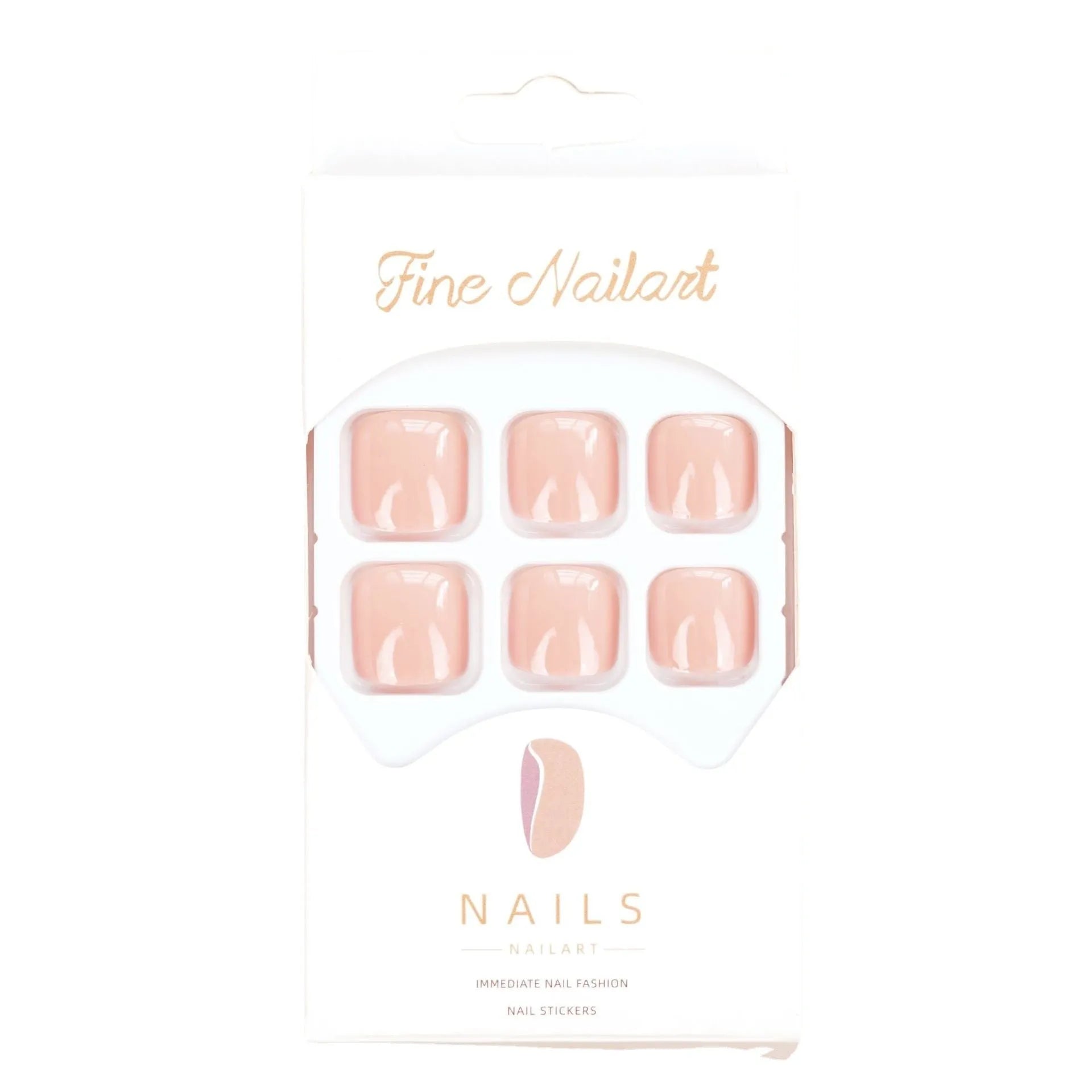 Finished plastic toenail stickers in skin colour with glue bottle, presented on a card.