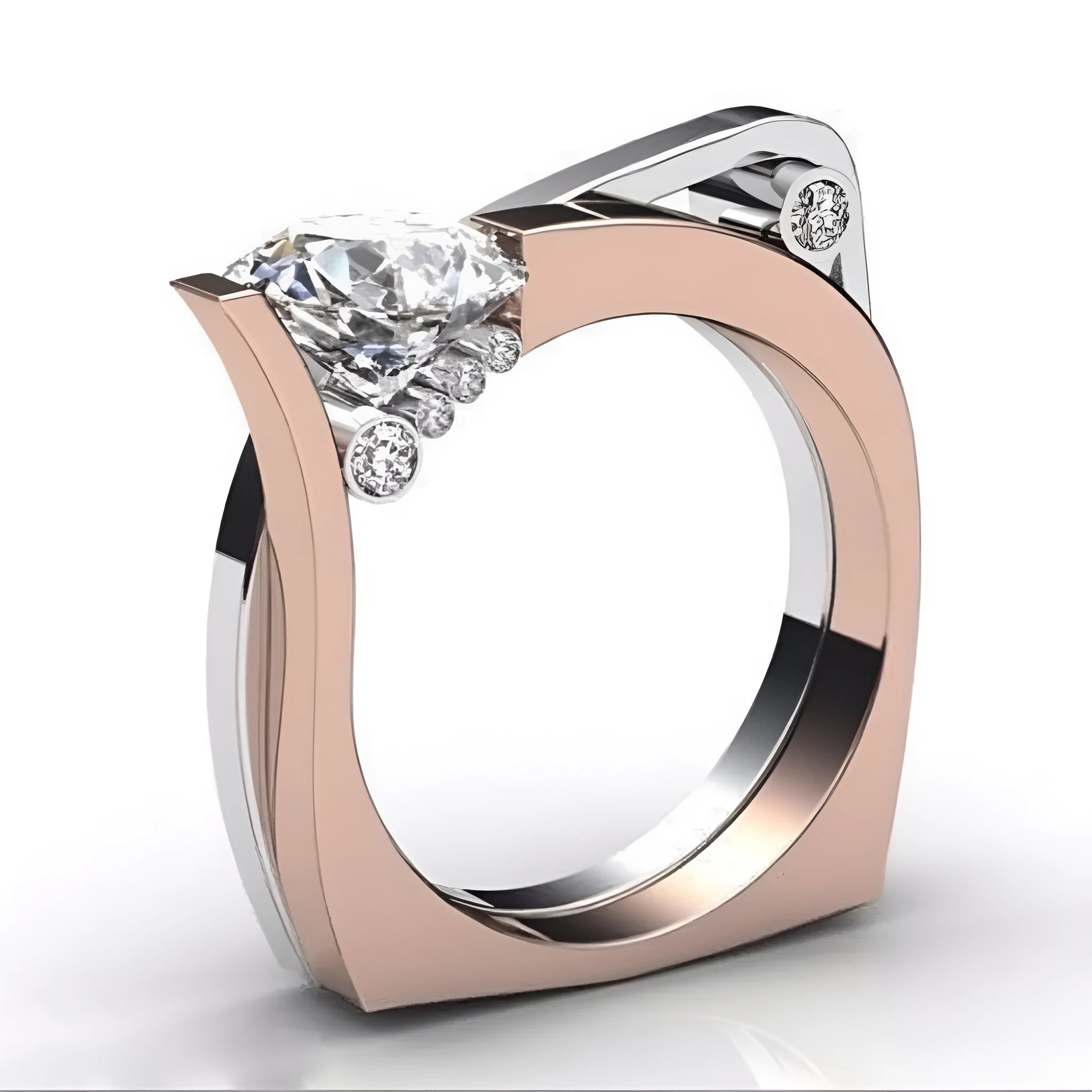 Rose gold geometric alloy ring with a cubic zirconia stone, shown on a finger.