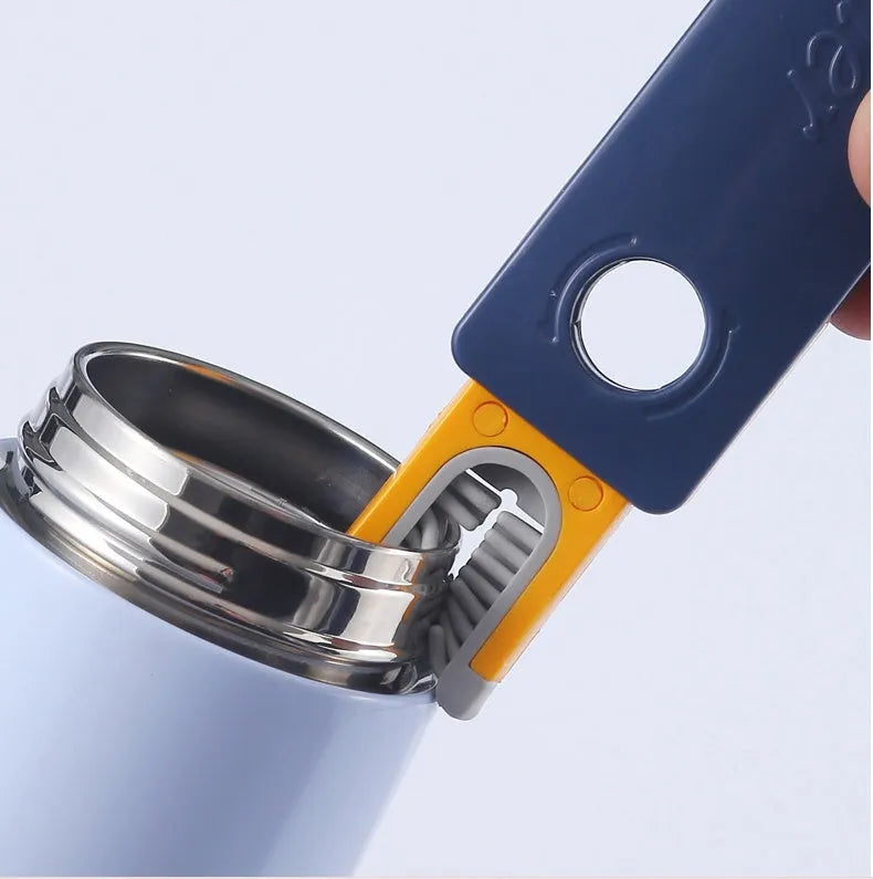 Blue and grey 4-in-1 bottle gap cleaner brush with U-shaped silicone design and stranded wire tools