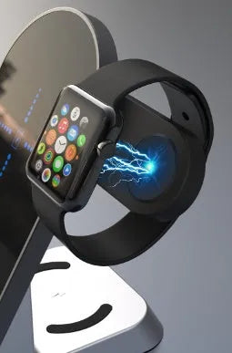 Black multifunctional wireless charging alarm clock with digital display and phone on charging pad.