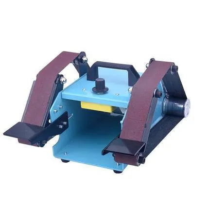 Blue desktop dual-axis belt sander for knife sharpening with variable speed control.