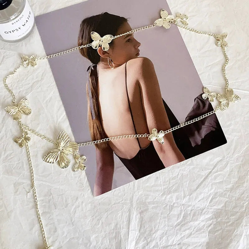 Butterfly waist chain in alloy with gold or silver colour options and 104cm length