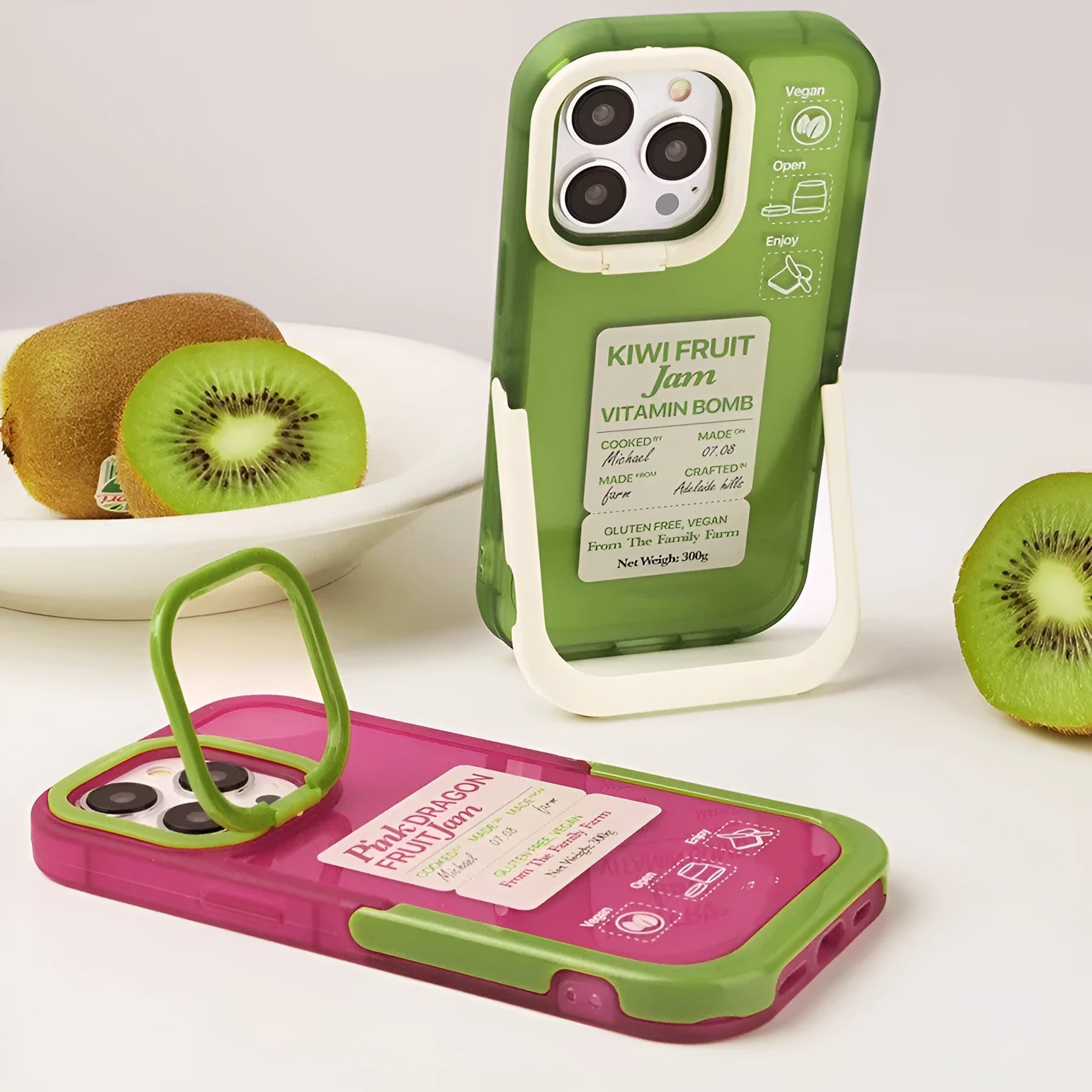 TPU mobile phone case for iPhone 14, transparent green shell with white border, bracket style