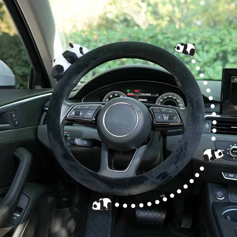 Panda plush black steering wheel cover and matching shoulder pad set for winter vehicle interiors