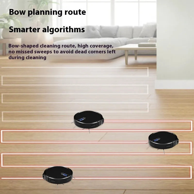 Black and white intelligent sweeping robot vacuum cleaner with remote control on a hardwood floor.