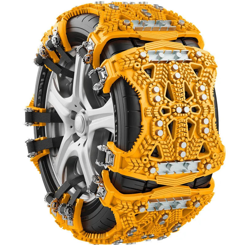 SUV winter snow chains with steel plates in black or yellow including snow shovel and tools