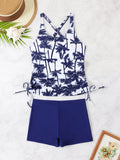 Coconut tree printed split boxers tankini swimsuit high waist women black blue