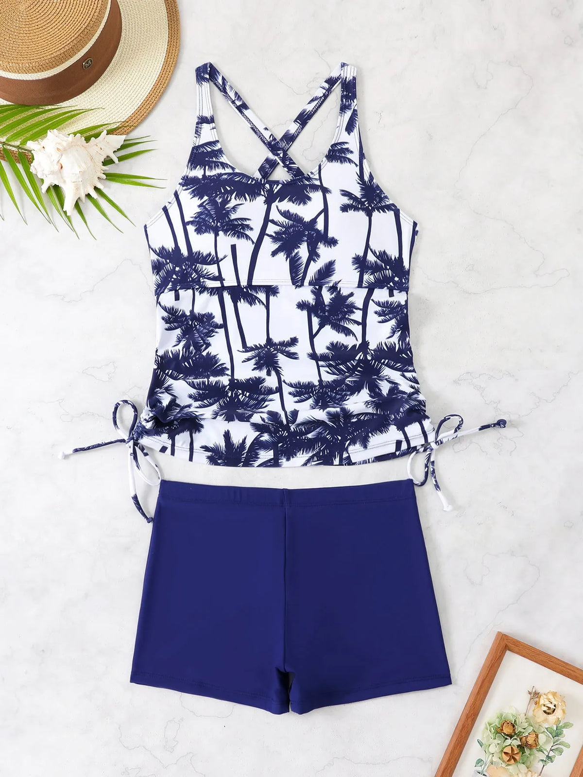 Coconut tree printed split boxers tankini swimsuit high waist women black blue
