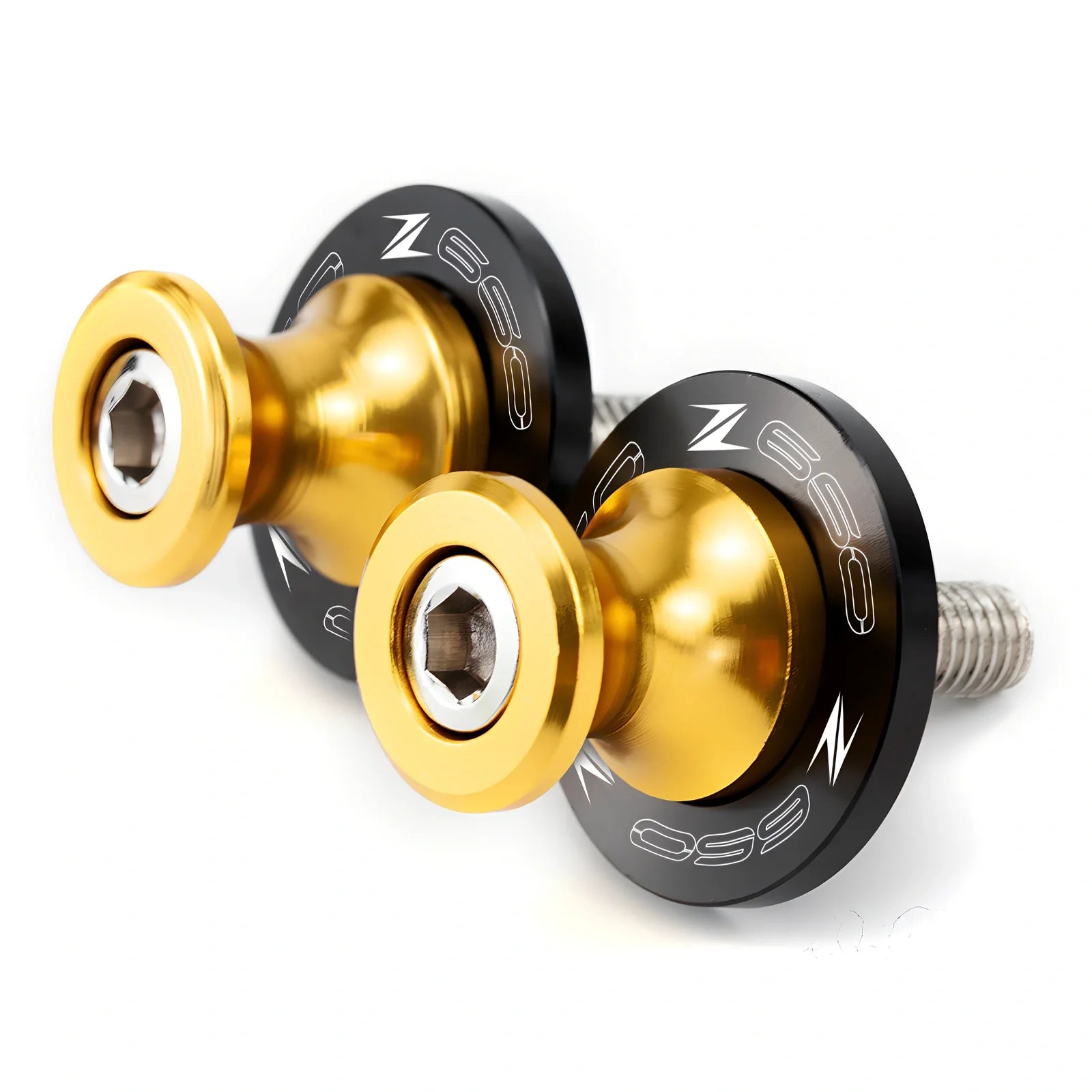 Pair of 8mm CNC aluminium swingarm spools sliders in titanium for Kawasaki Z650 Z900, with Delrin contact and stainless bolts