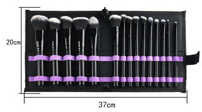 Black 15-piece makeup brush set with wooden handles and folding cloth storage bag