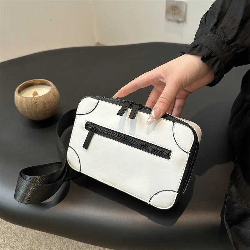 Square PU leather women's crossbody bag with single strap and sewing line details