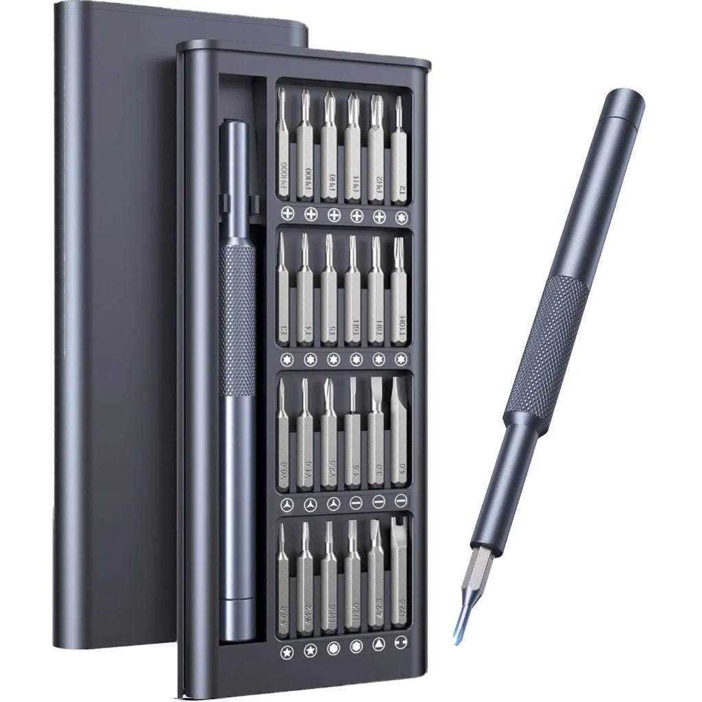Compact 25-in-one magnetic screwdriver set with chrome vanadium steel bits and a black ABS handle.