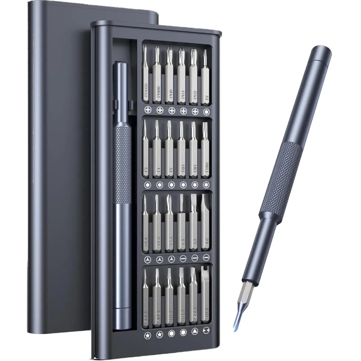 Compact 25-in-one magnetic screwdriver set with chrome vanadium steel bits and a black ABS handle.