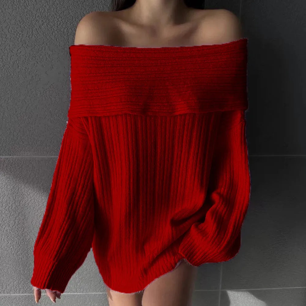 Women's loose acrylic long-sleeve pullover sweater in white, black, khaki, or red colours